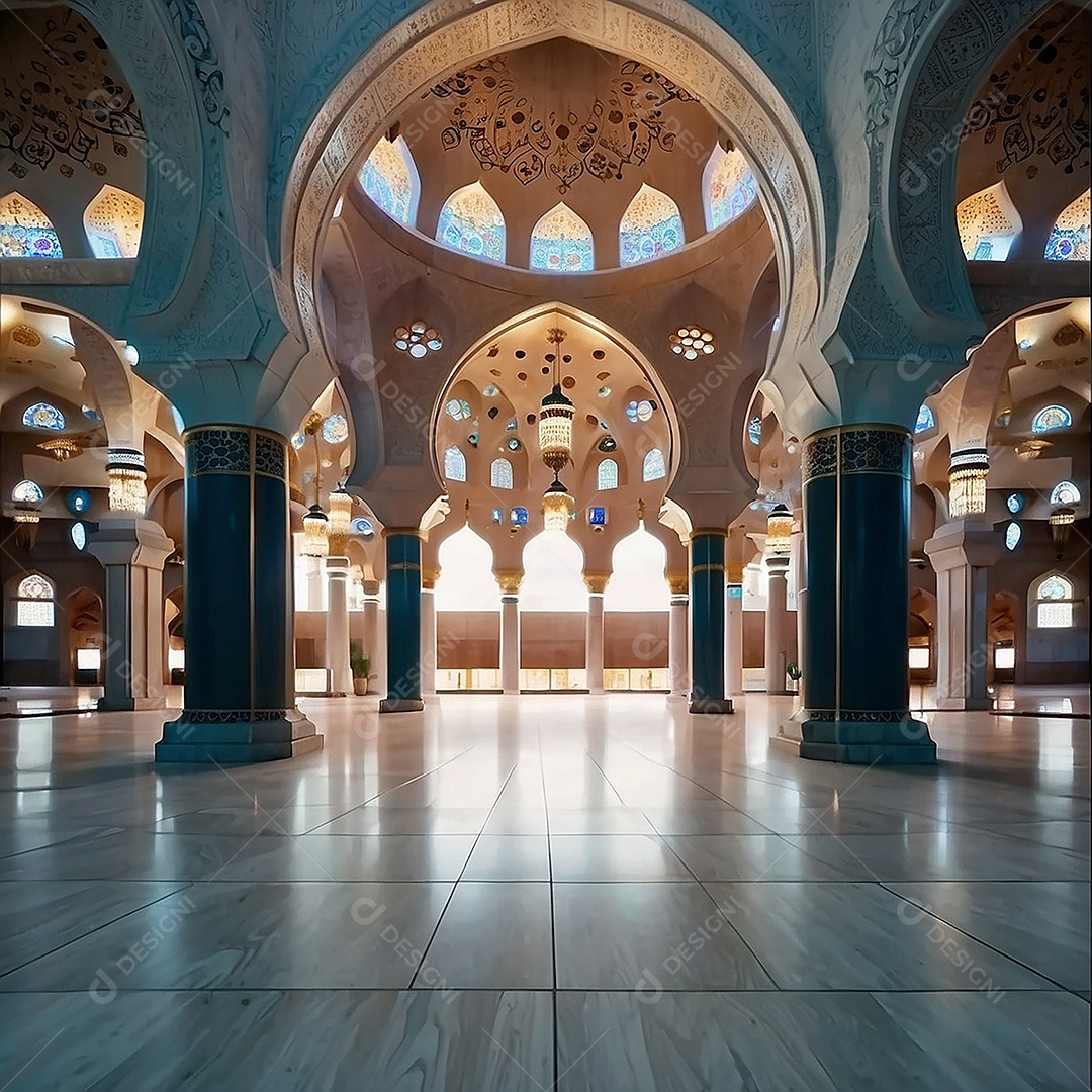 Bela mesquita islâmica espaço vazio noite luzes da lua