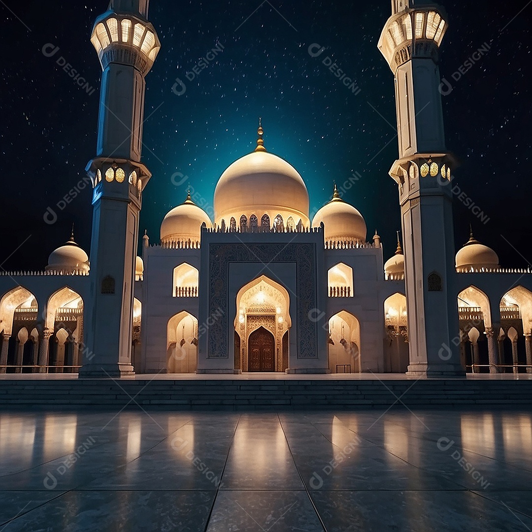 Bela mesquita islâmica espaço vazio noite luzes da lua