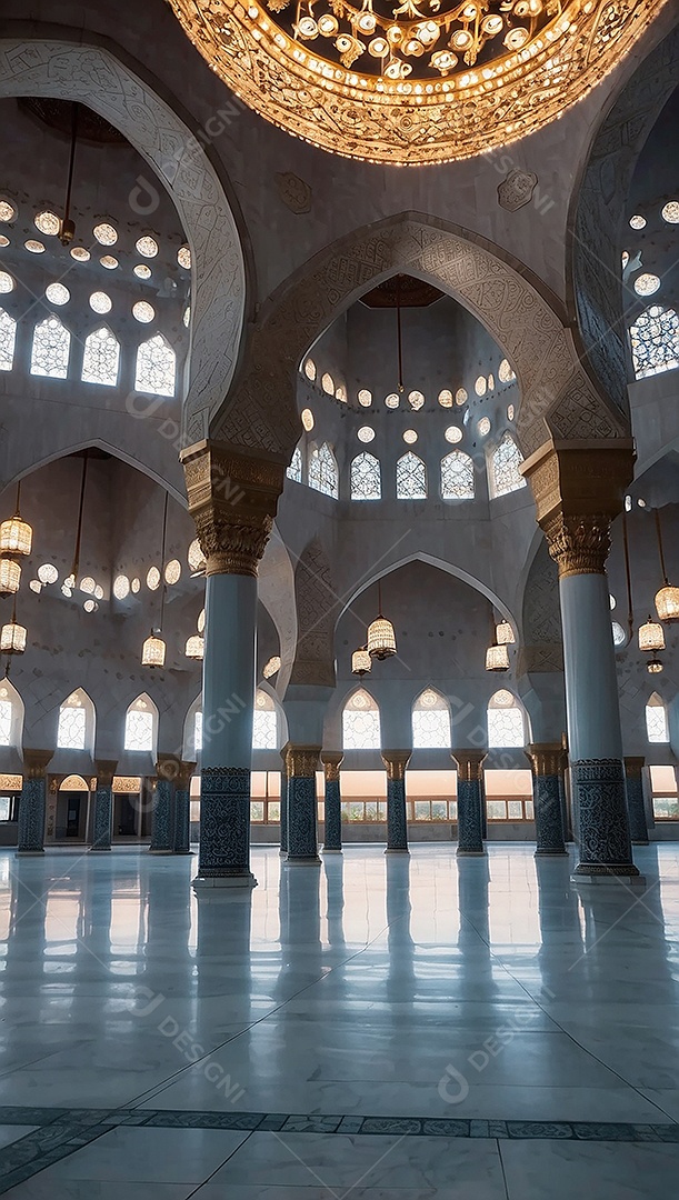 Bela mesquita islâmica espaço vazio noite luzes da lua