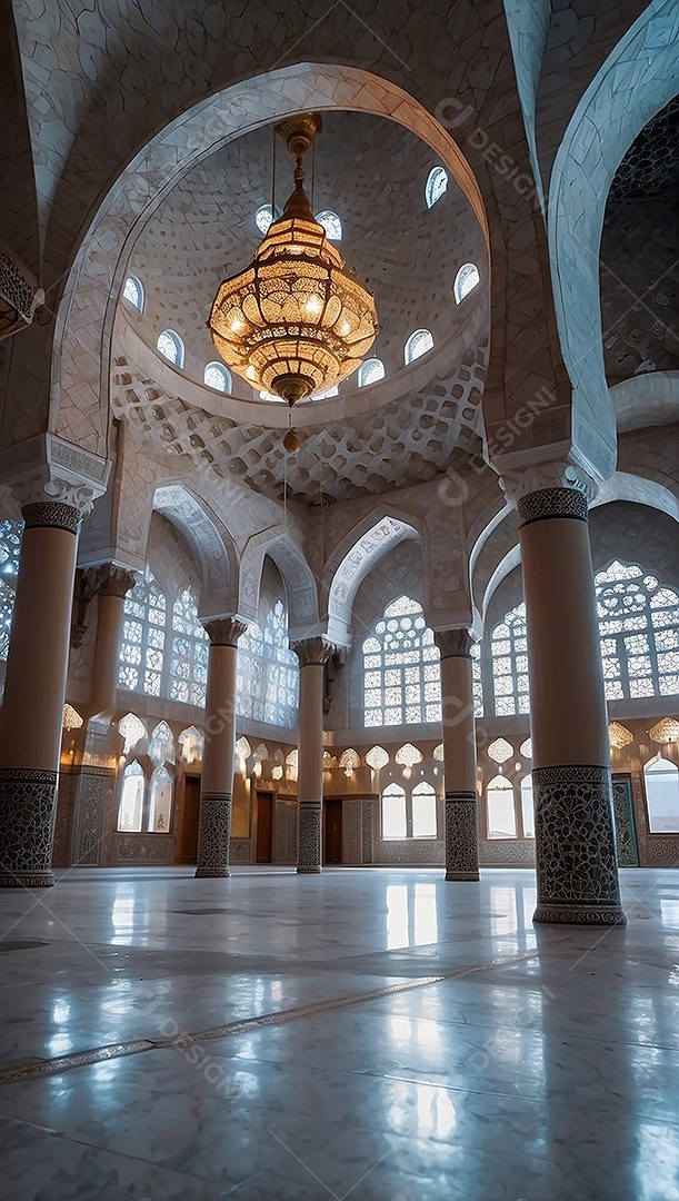 Bela mesquita islâmica espaço vazio noite luzes da lua