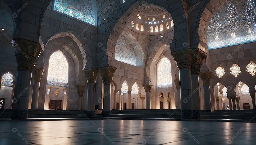 Bela mesquita islâmica espaço vazio noite luzes da lua