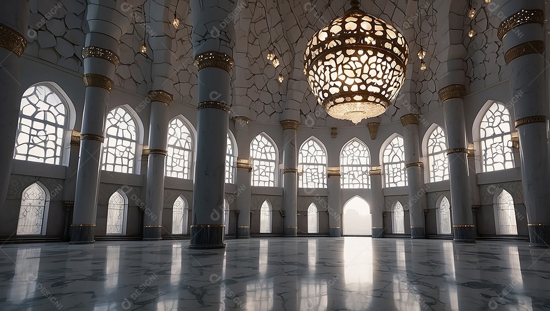 Bela mesquita islâmica espaço vazio noite luzes da lua