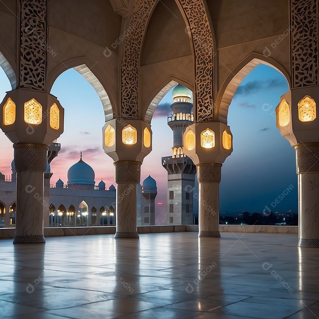 Bela mesquita islâmica espaço vazio noite luzes da lua