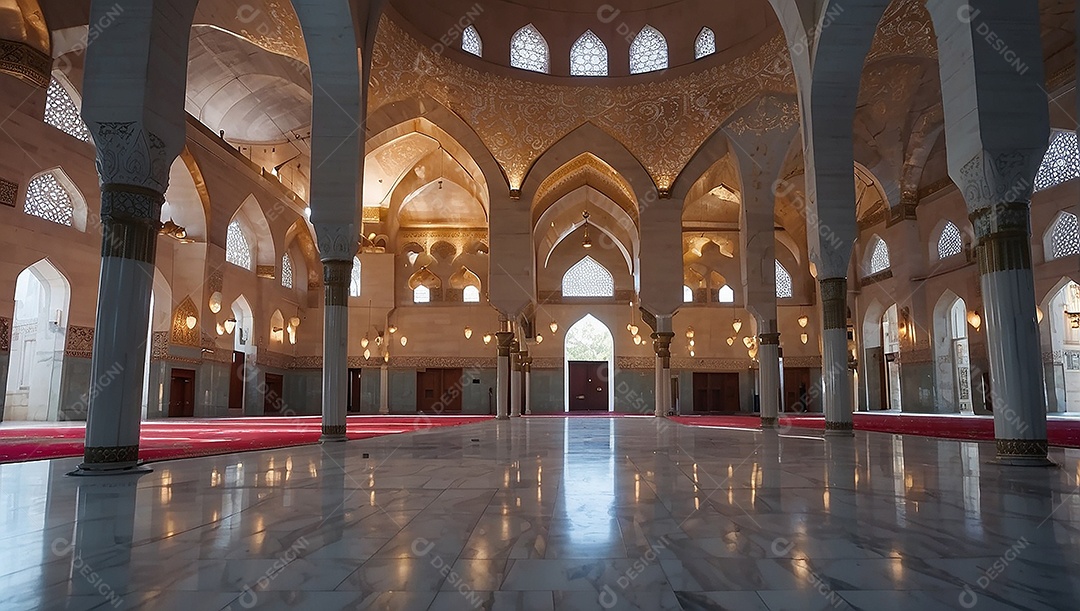 Bela mesquita islâmica espaço vazio noite luzes da lua
