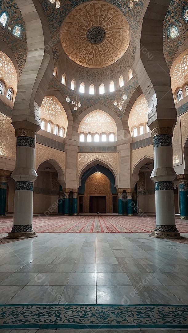 Bela mesquita islâmica espaço vazio noite luzes da lua