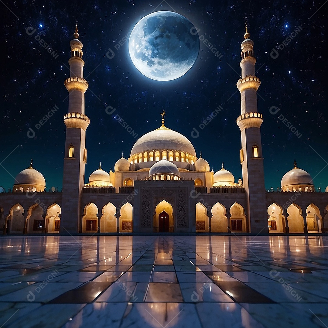 Bela mesquita islâmica espaço vazio noite luzes da lua