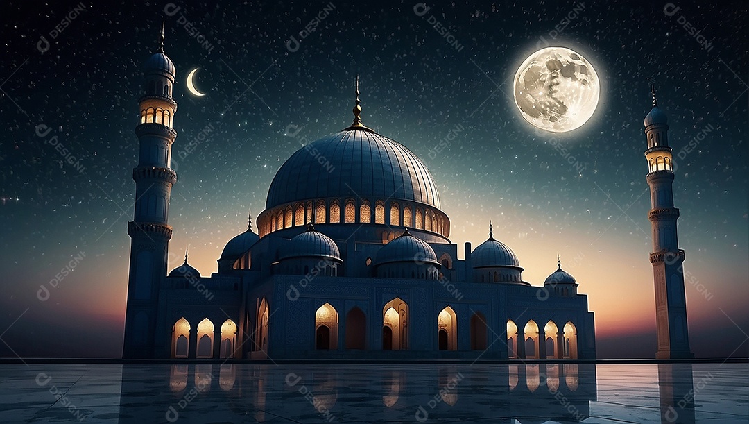 Bela mesquita islâmica espaço vazio noite luzes da lua