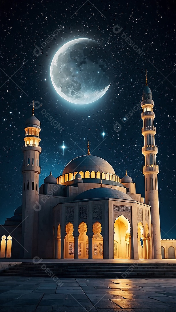 Bela mesquita islâmica espaço vazio noite luzes da lua