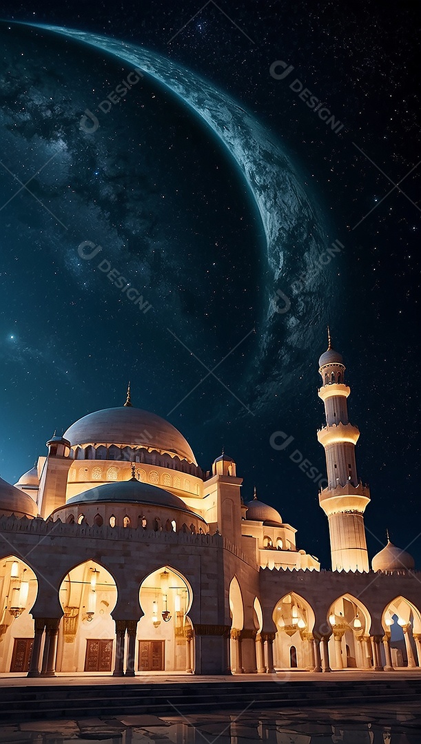 Bela mesquita islâmica espaço vazio noite luzes da lua