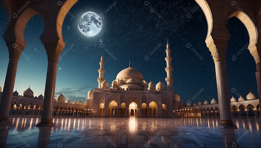 Padrão bela mesquita islâmica espaço vazio noite luzes da lua