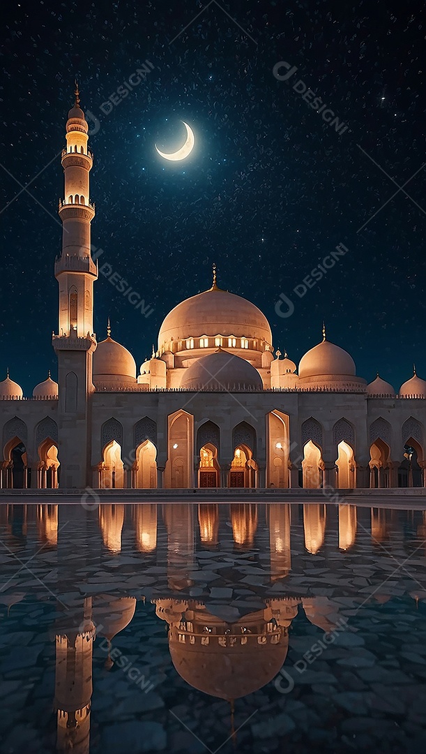 Padrão bela mesquita islâmica espaço vazio noite luzes da lua