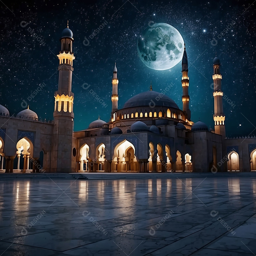 Padrão bela mesquita islâmica espaço vazio noite luzes da lua