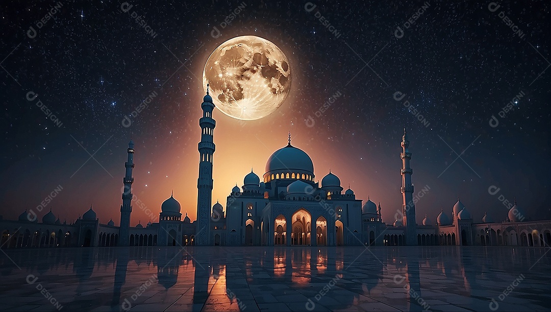 Padrão bela mesquita islâmica espaço vazio noite luzes da lua