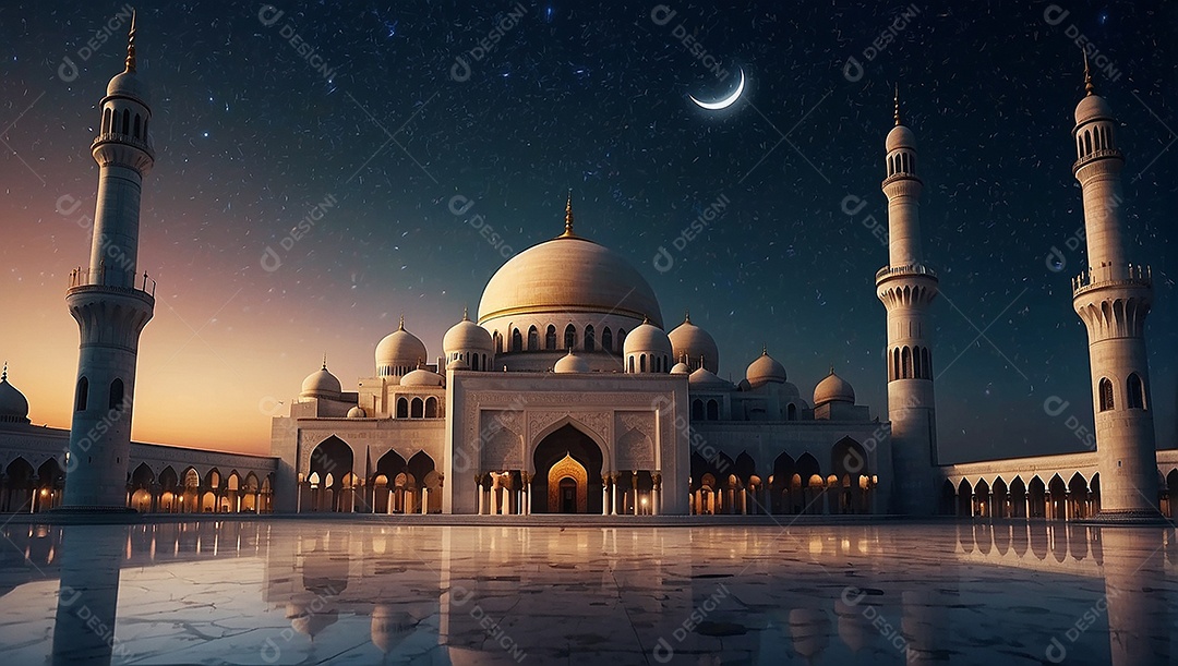 Padrão bela mesquita islâmica espaço vazio noite luzes da lua