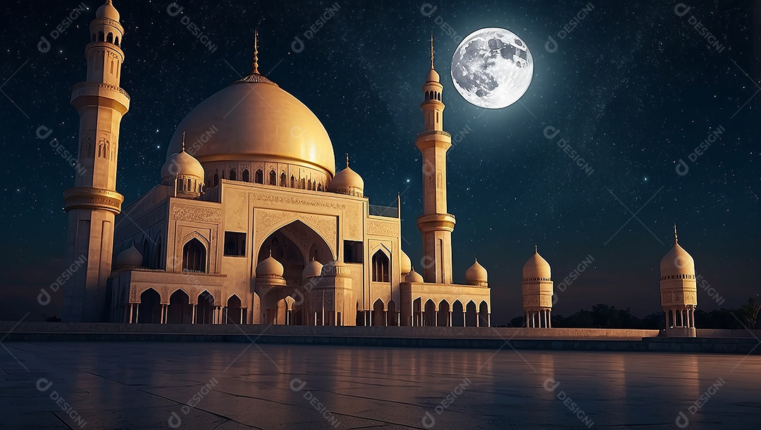 Padrão bela mesquita islâmica espaço vazio noite luzes da lua