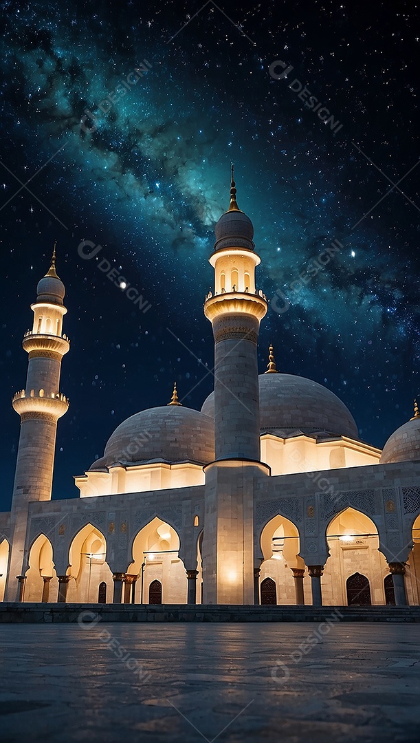 Padrão bela mesquita islâmica espaço vazio noite luzes da lua