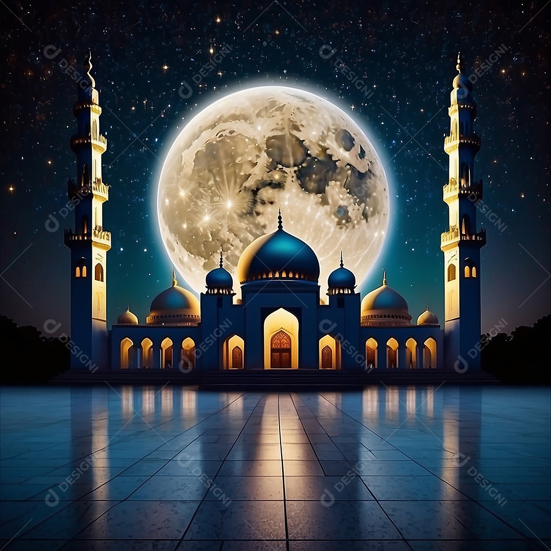 Padrão bela mesquita islâmica espaço vazio noite luzes da lua
