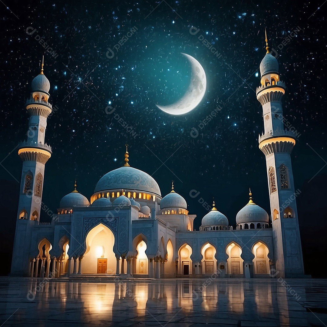 Bela mesquita islâmica espaço vazio noite luzes da lua