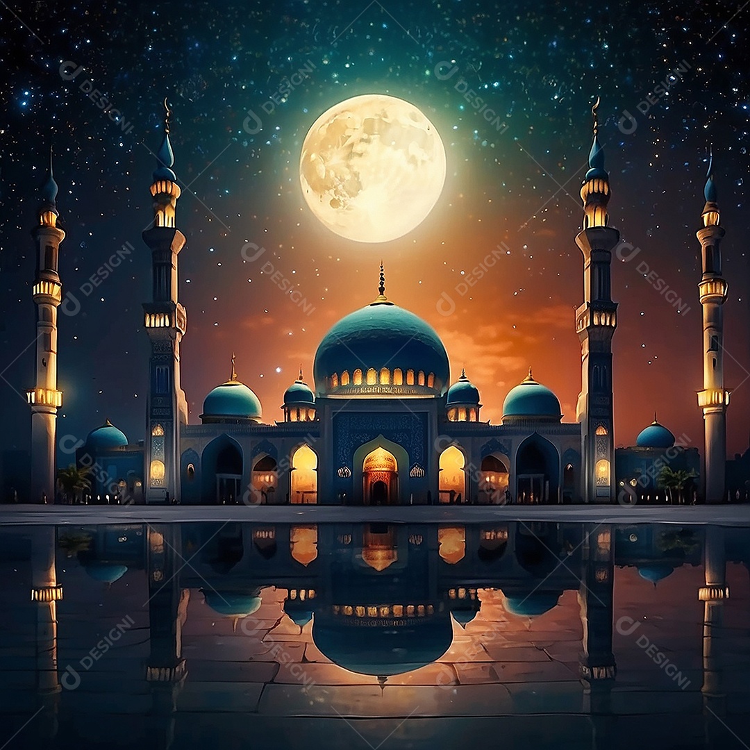 Padrão bela mesquita islâmica espaço vazio noite luzes da lua