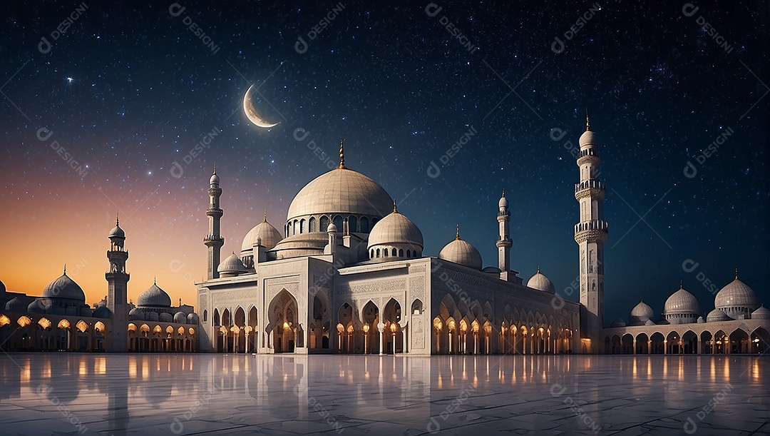 Padrão bela mesquita islâmica espaço vazio noite luzes da lua