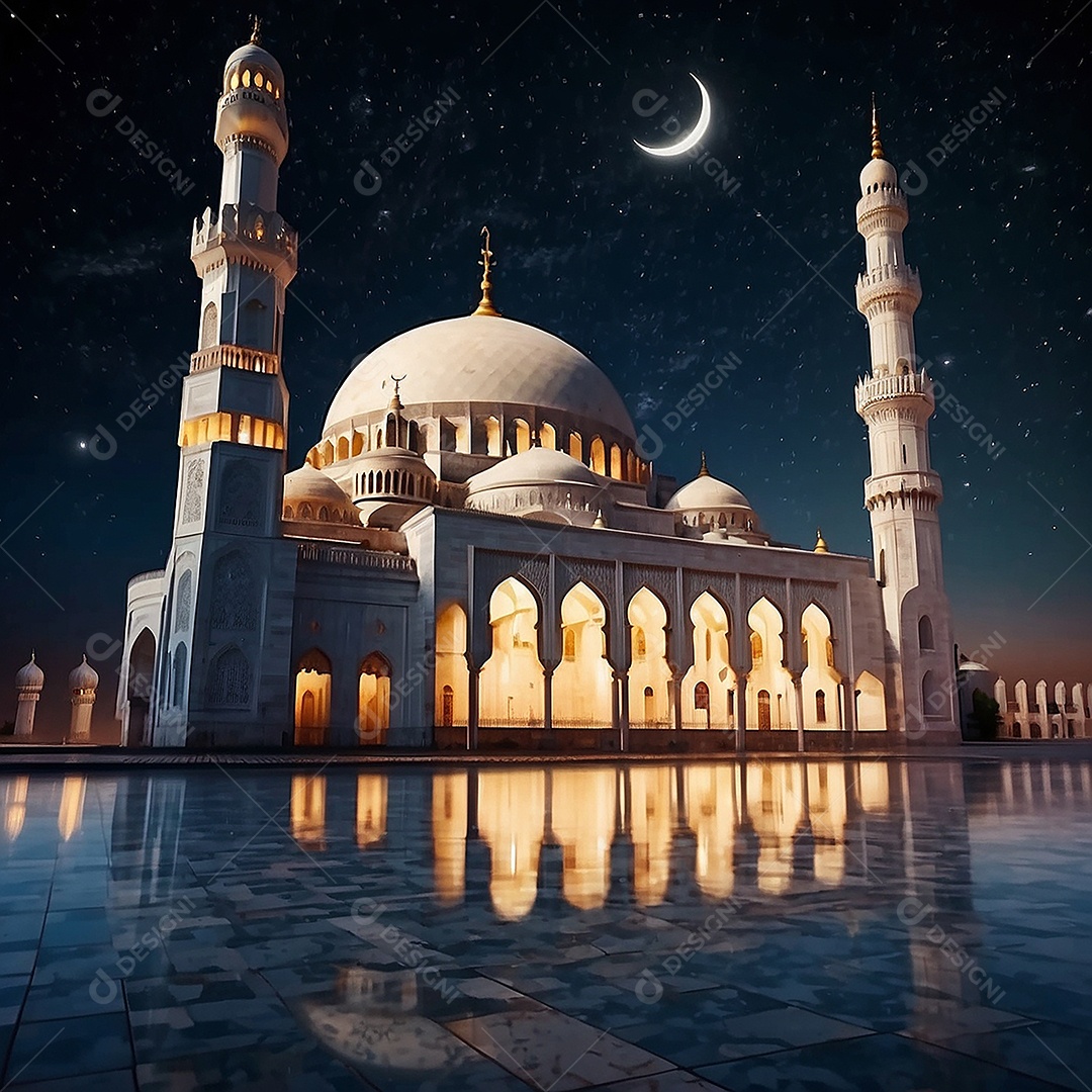 Padrão bela mesquita islâmica espaço vazio noite luzes da lua
