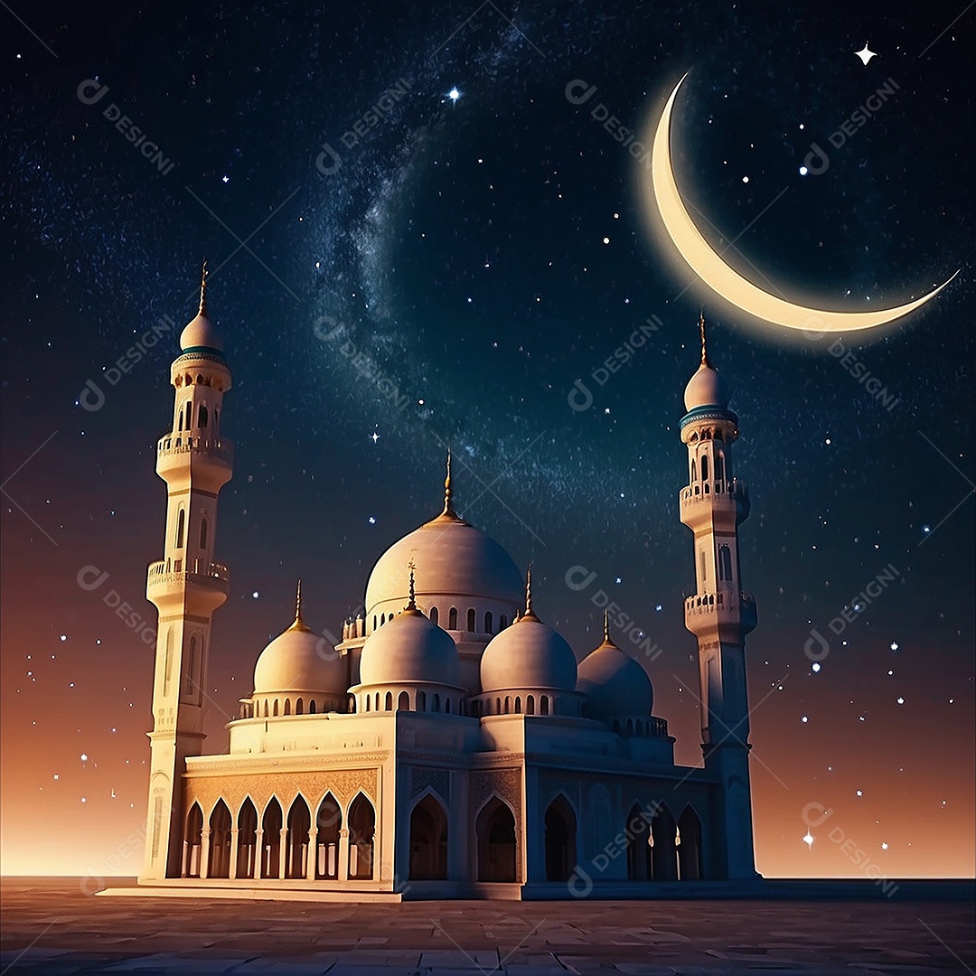 Padrão bela mesquita islâmica espaço vazio noite luzes da lua