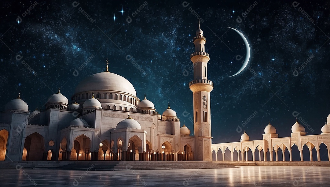 Padrão bela mesquita islâmica espaço vazio noite luzes da lua