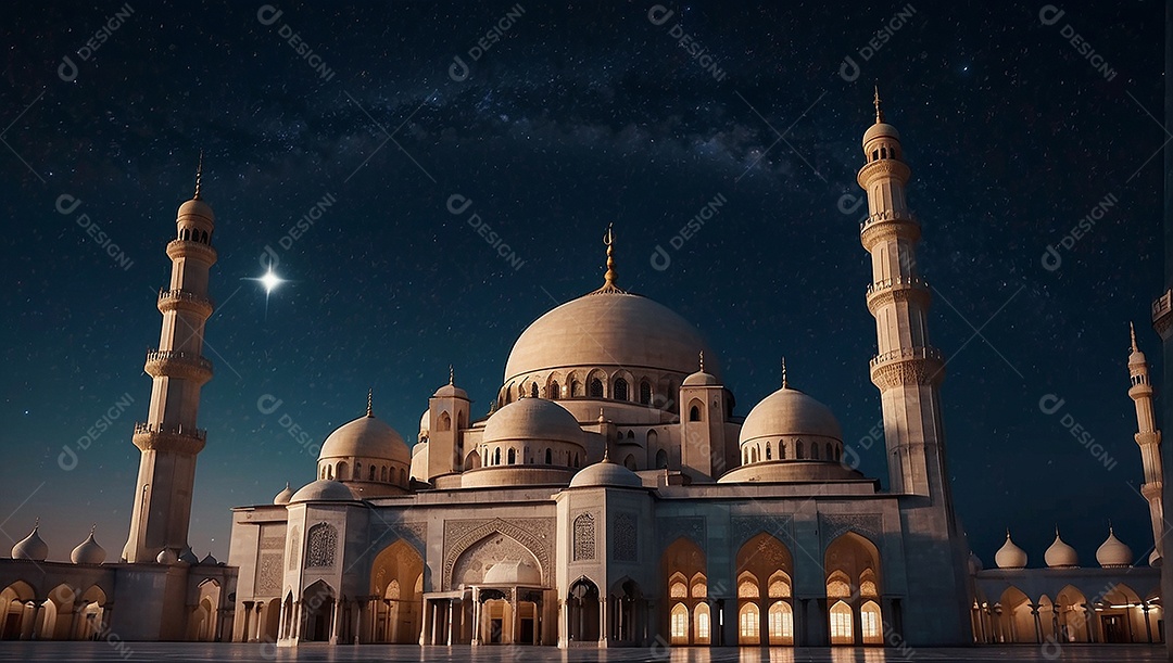 Padrão bela mesquita islâmica espaço vazio noite luzes da lua