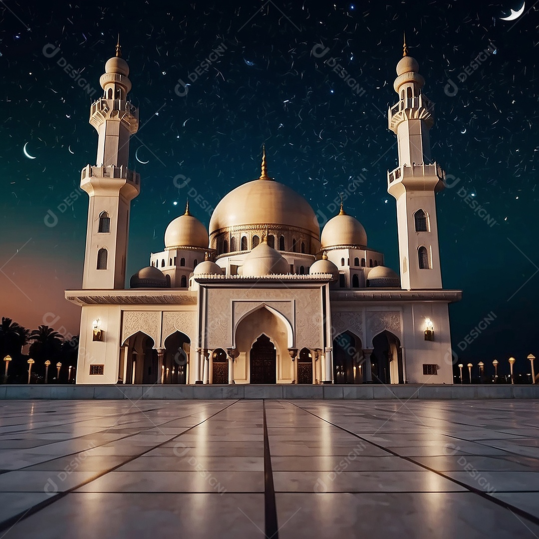Padrão bela mesquita islâmica espaço vazio noite luzes da lua