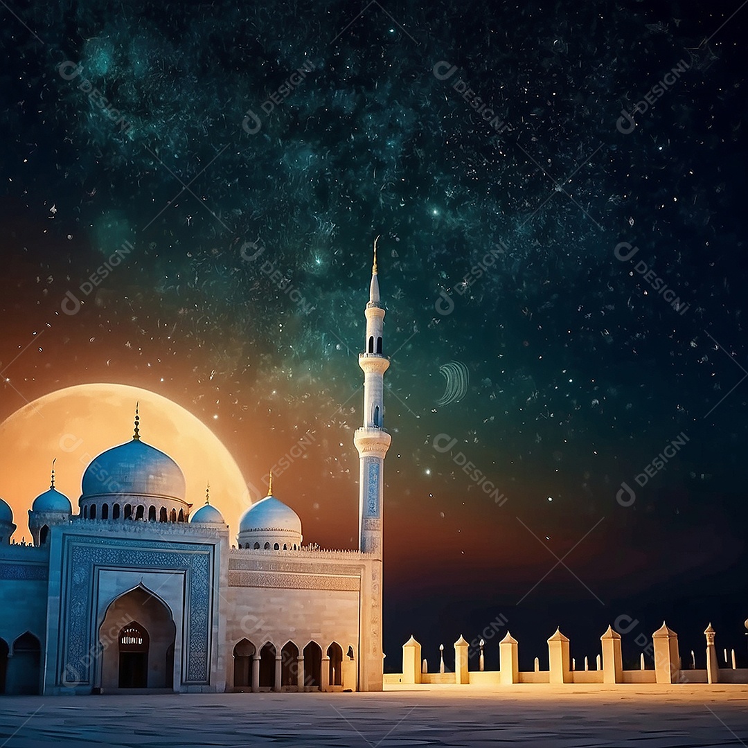 Padrão bela mesquita islâmica espaço vazio noite luzes da lua