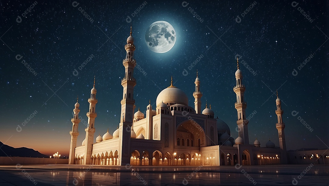Padrão bela mesquita islâmica espaço vazio noite luzes da lua