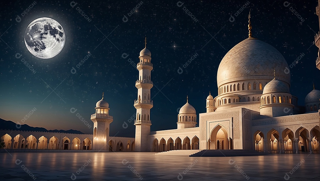 Padrão bela mesquita islâmica espaço vazio noite luzes da lua
