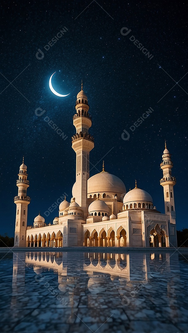 Padrão bela mesquita islâmica espaço vazio noite luzes da lua