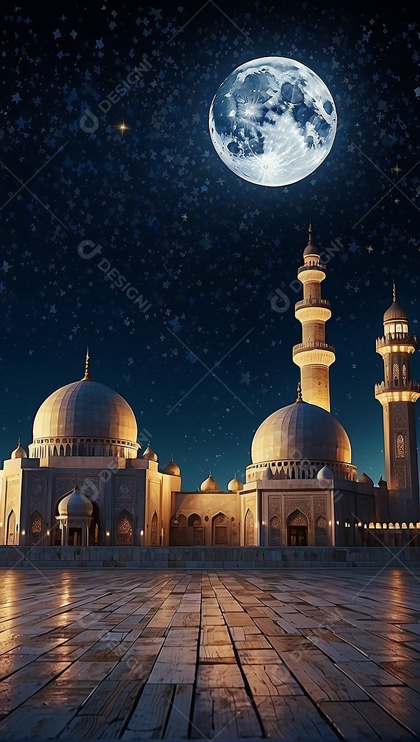 Padrão bela mesquita islâmica espaço vazio noite luzes da lua