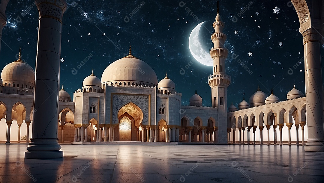 Padrão bela mesquita islâmica espaço vazio noite luzes da lua