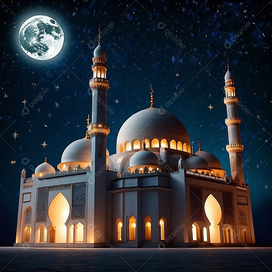 Padrão bela mesquita islâmica espaço vazio noite luzes da lua