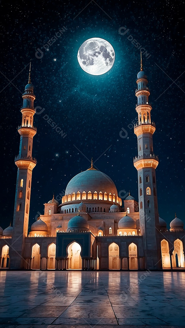 Padrão bela mesquita islâmica espaço vazio noite luzes da lua