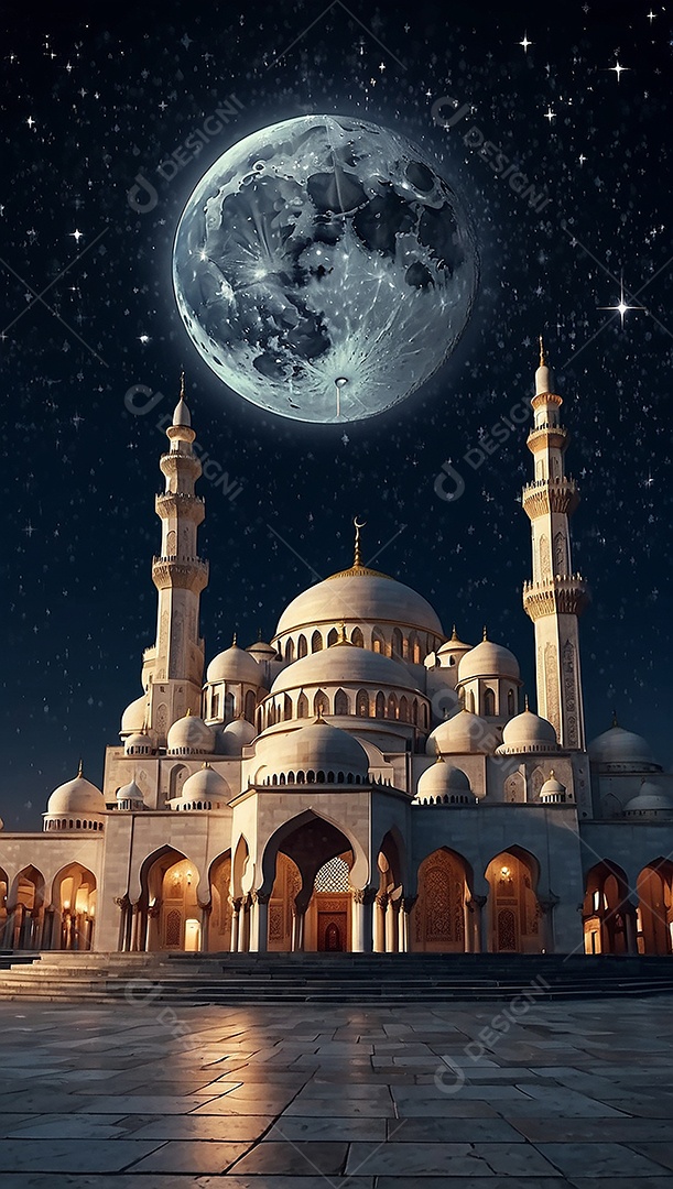 Padrão bela mesquita islâmica espaço vazio noite luzes da lua