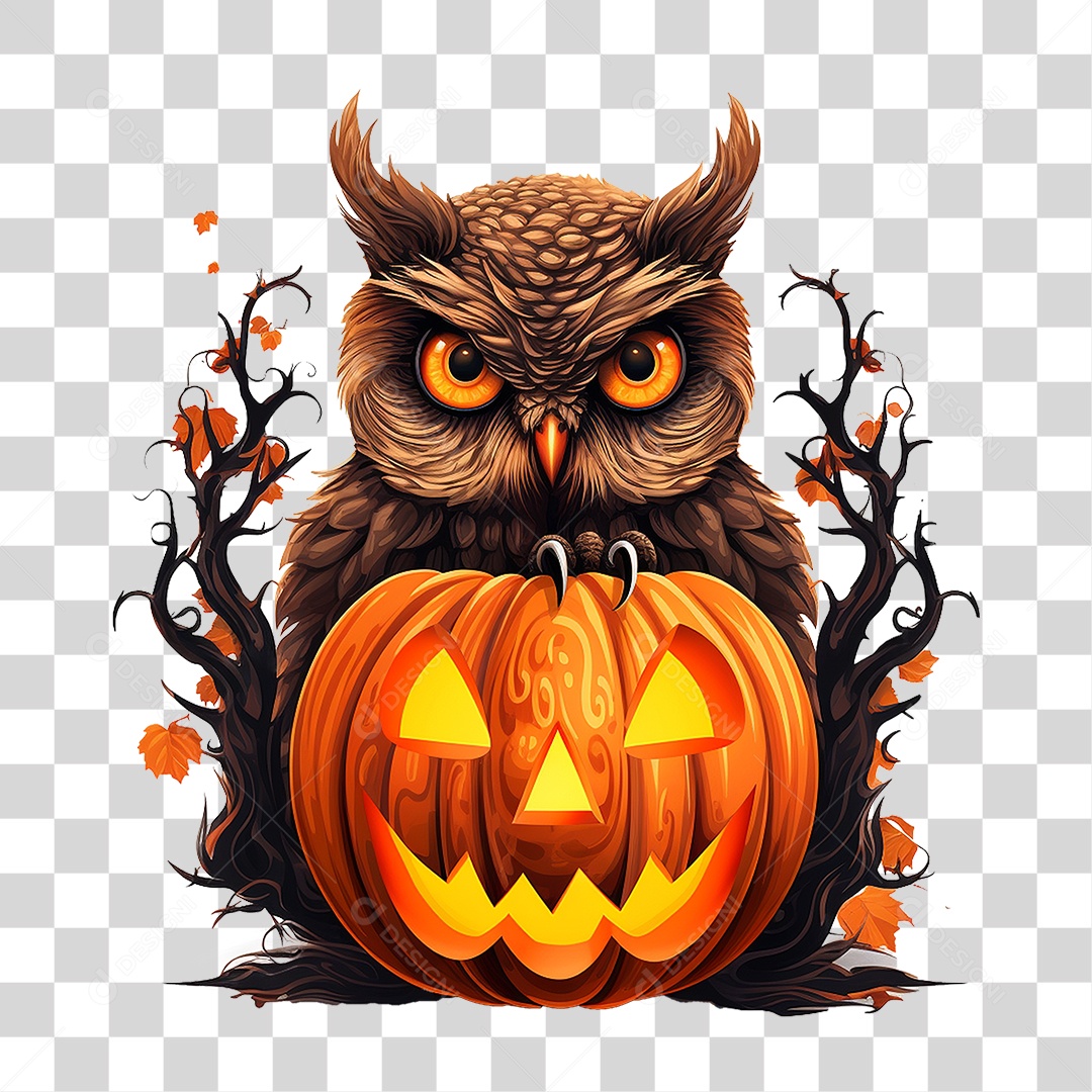 Abóbora com Coruja Halloween PNG Transparente