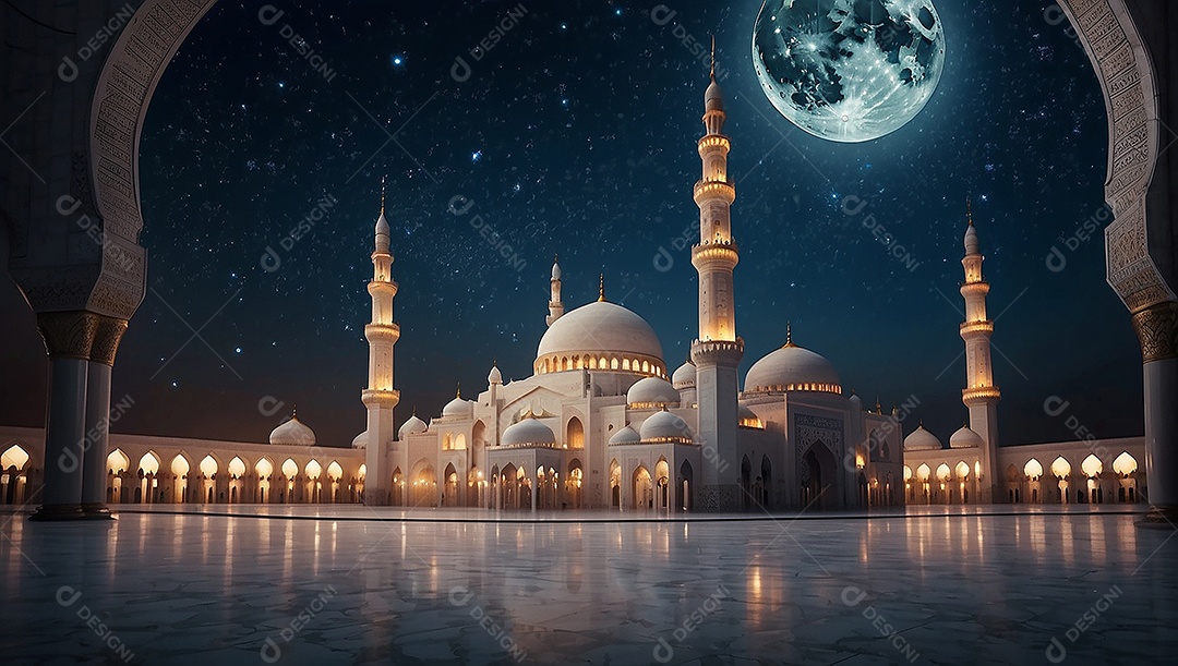Padrão bela mesquita islâmica espaço vazio noite luzes da lua