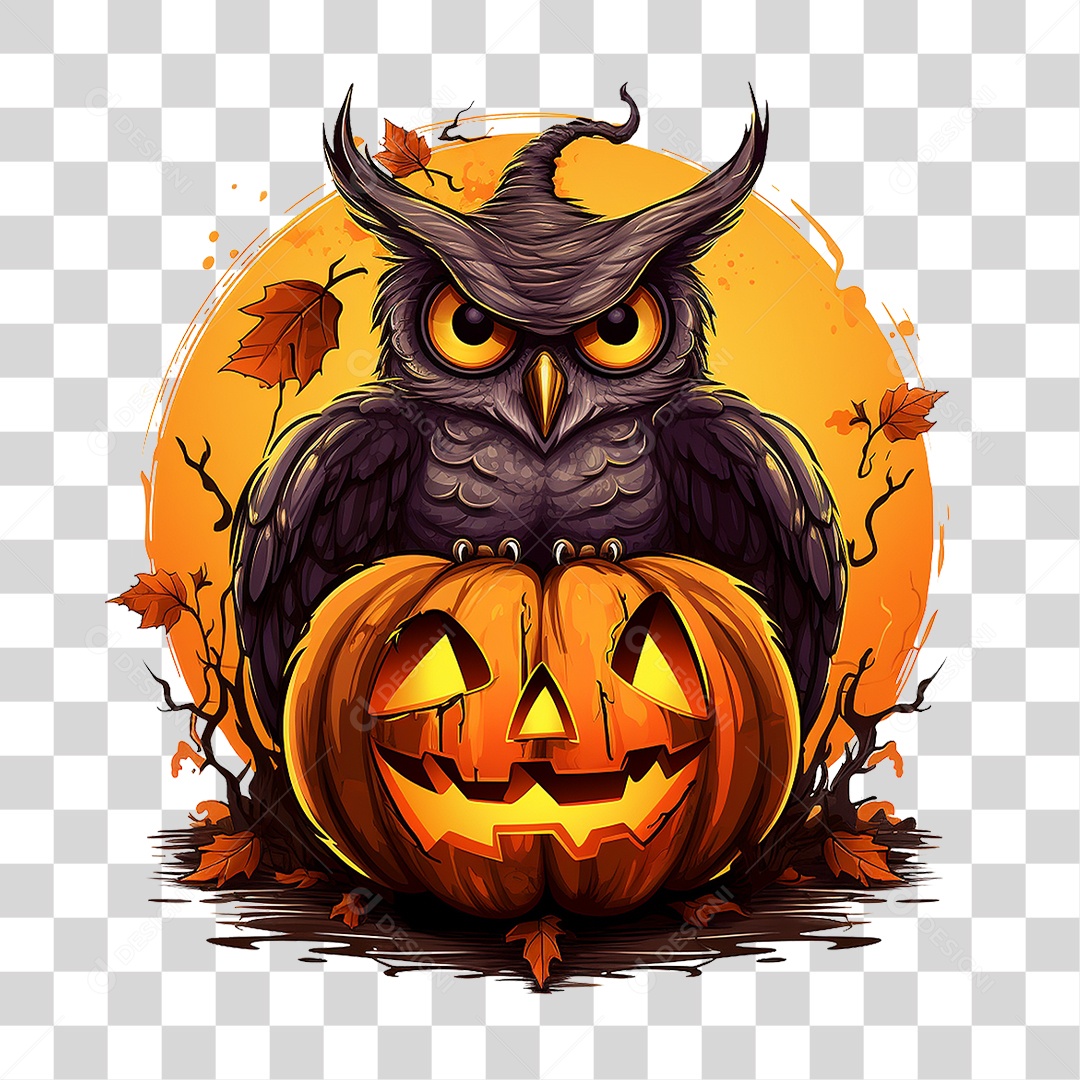 Abóbora com Coruja Halloween PNG Transparente