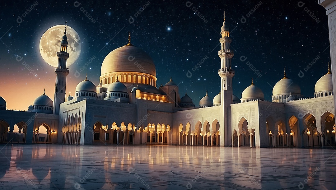 Padrão bela mesquita islâmica espaço vazio noite luzes da lua