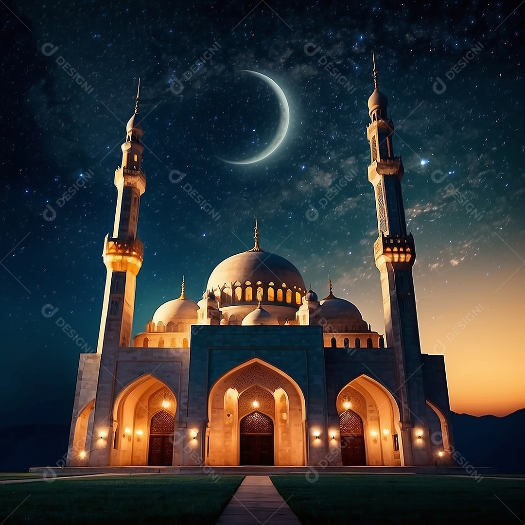 Padrão bela mesquita islâmica espaço vazio noite luzes da lua