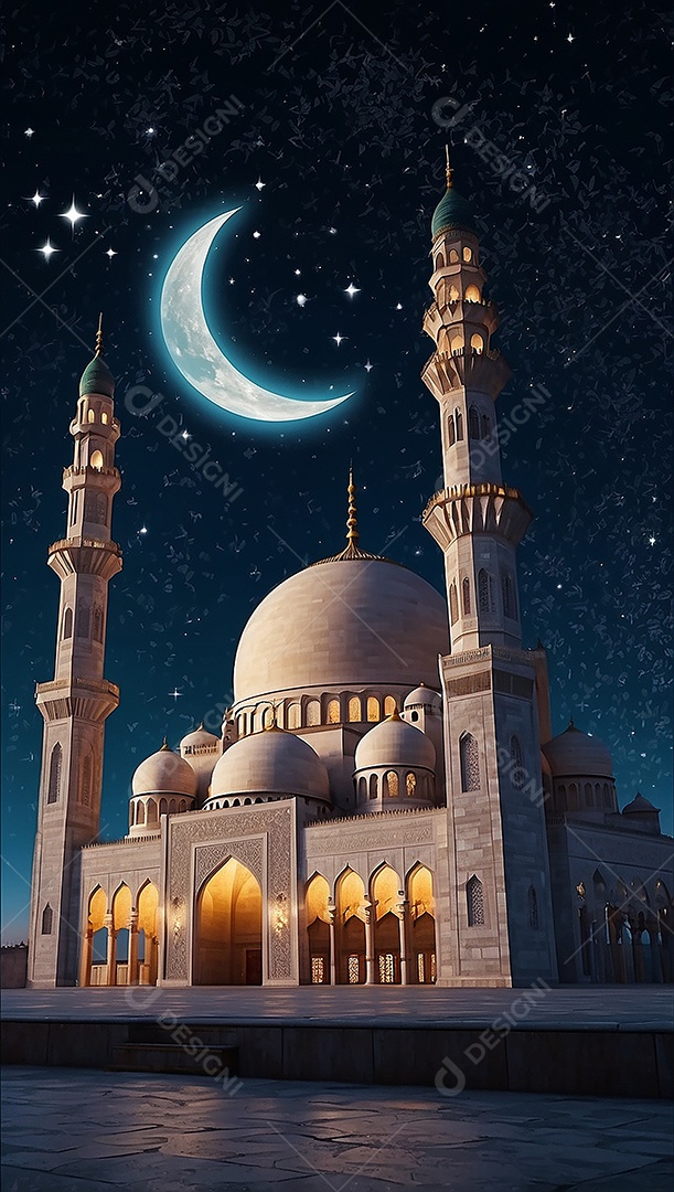 Padrão bela mesquita islâmica espaço vazio noite luzes da lua