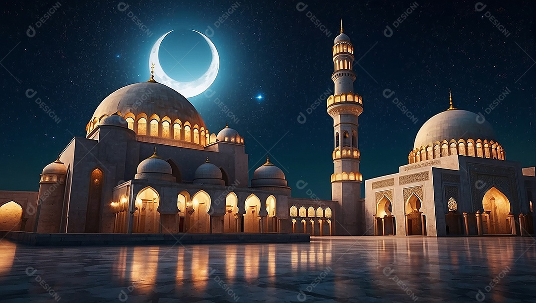 Padrão bela mesquita islâmica espaço vazio noite luzes da lua