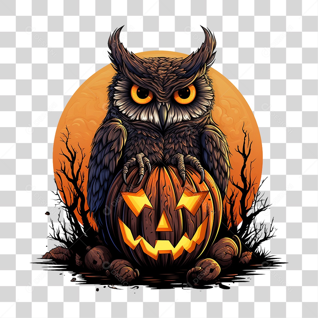 Abóbora com Coruja Halloween PNG Transparente