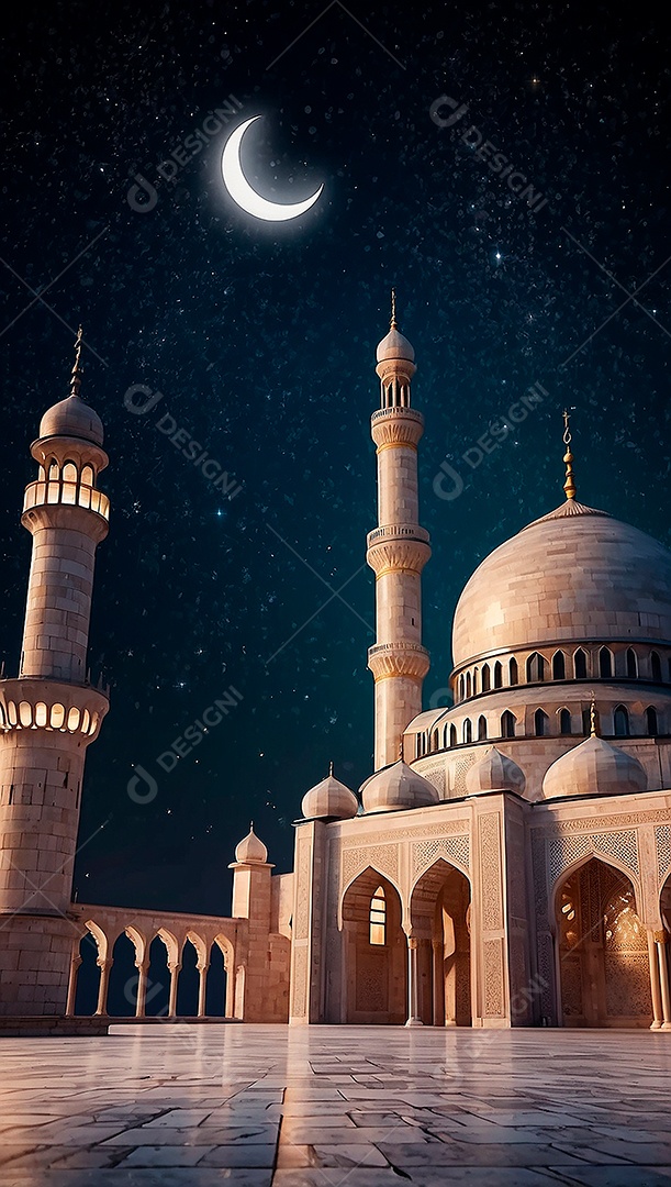 Padrão bela mesquita islâmica espaço vazio noite luzes da lua