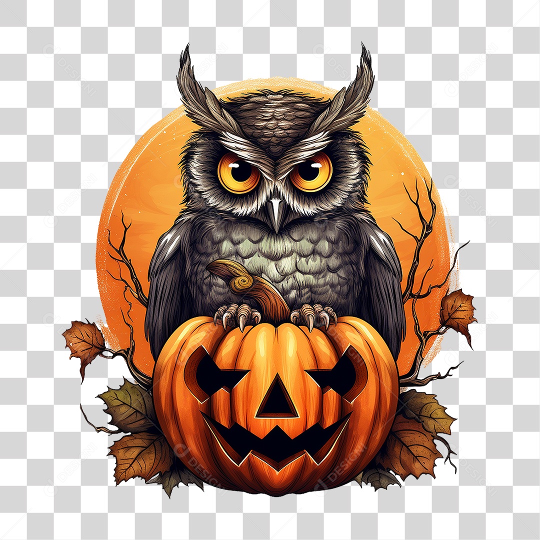 Abóbora com Coruja Halloween PNG Transparente