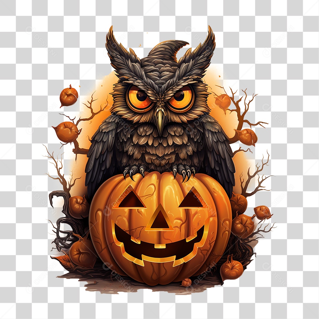 Abóbora com Coruja Halloween PNG Transparente