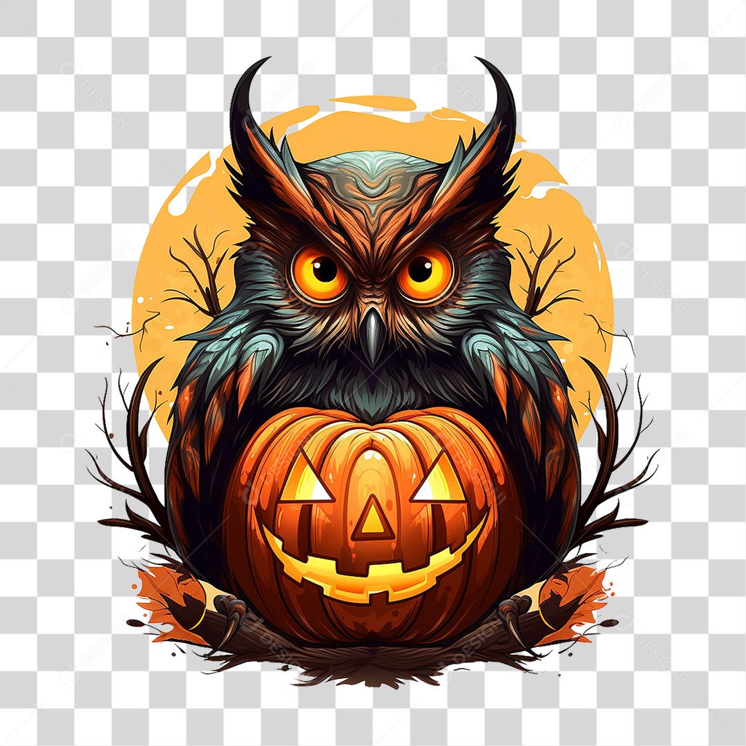 Abóbora com Coruja Halloween PNG Transparente
